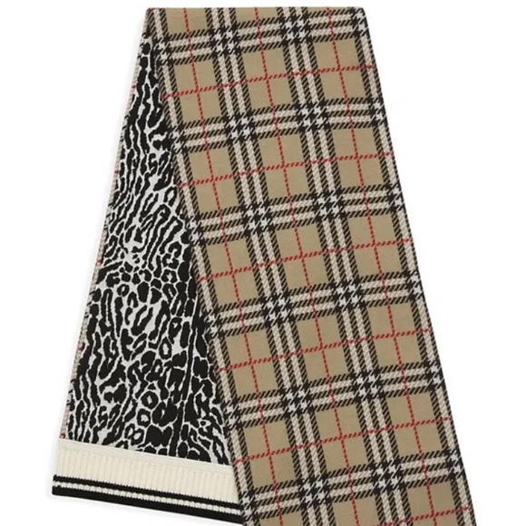 Burberry Kids Plaid Check Leopard Scarf 50"L x 10”W Camel NWT Authentic Adult S - Picture 3 of 3